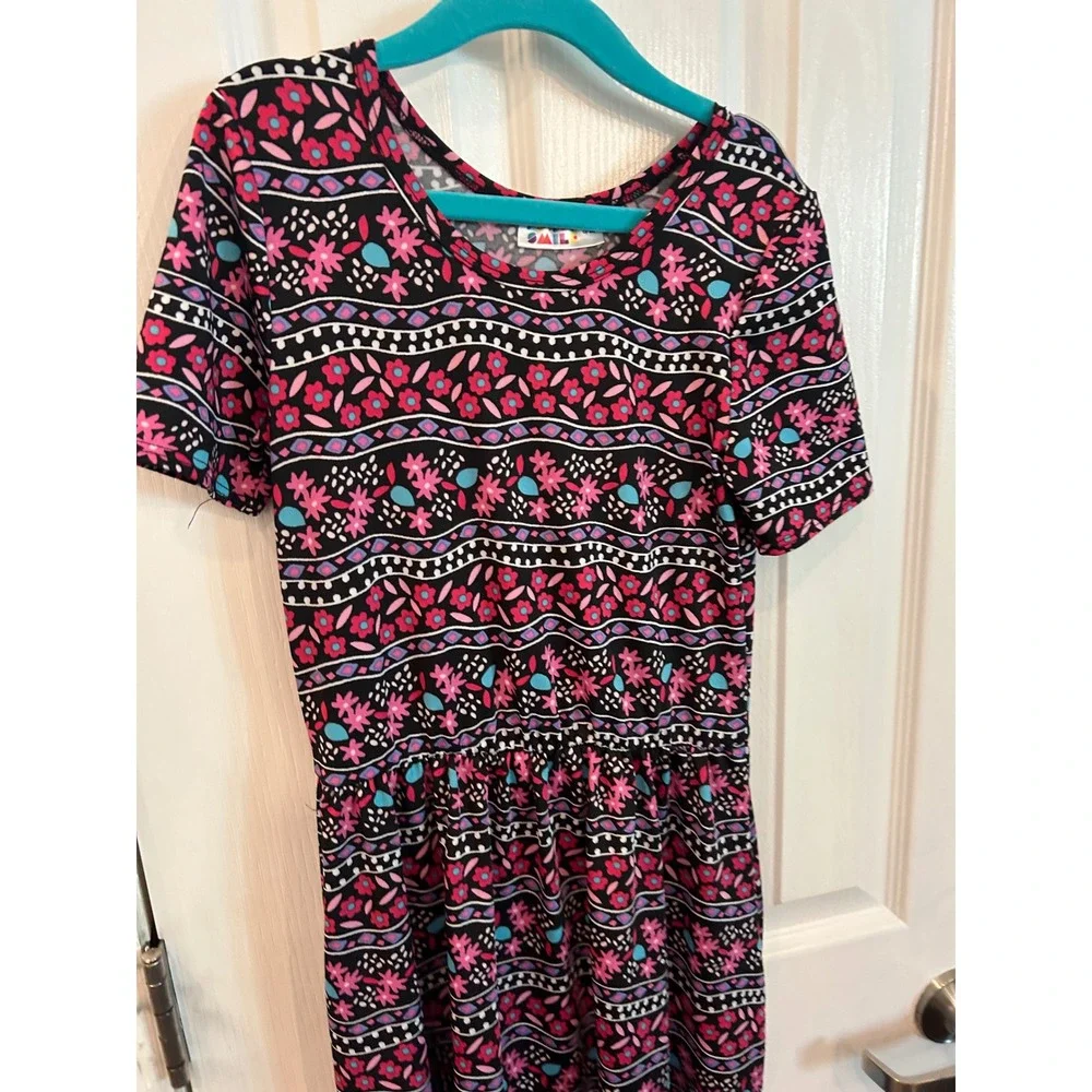 DotDotSmile Maxi Dress Black Pink Floral Geometric Boho Short Sleeve Girls 8/10